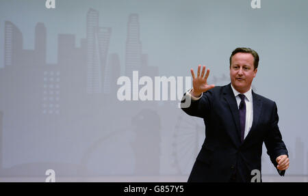 Prime Minister David Cameron delivers a speech at the Lee Kuan Yew School of Public Policy in Singapore, as he warned foreign fraudsters and corrupt officials that London is 'not a place to stash your dodgy cash'. Stock Photo