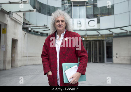 Queen guitarist and animal welfare activist Brian May leaves BBC Broadcasting House in London, before he heads to a rally outside Parliament organised by the 'Team Fox' coalition of animal welfare groups, including Animal Defenders International, who are urging MPs to keep the foxhunting ban intact. Stock Photo