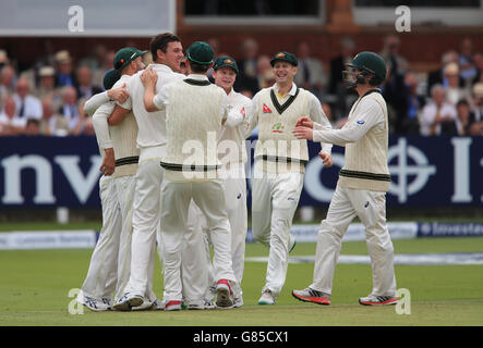 Australia bowler Josh Hazlewood celebrates taking the wicket of England batsman Ian Bell during day two of the Second Investec Ashes Test at Lord's, London . Stock Photo