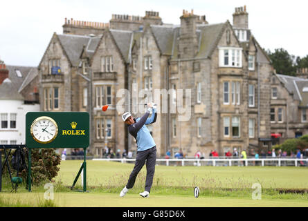 USA's Rickie Fowler tees off during day two of The Open Championship 2015 at St Andrews, Fife. Stock Photo