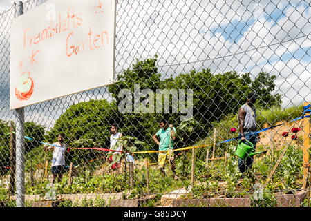 Scharnhausen, Germany - June 26, 2016: German volunteers were supporting African, Arabic and Asian refugees in setting up the Fr Stock Photo