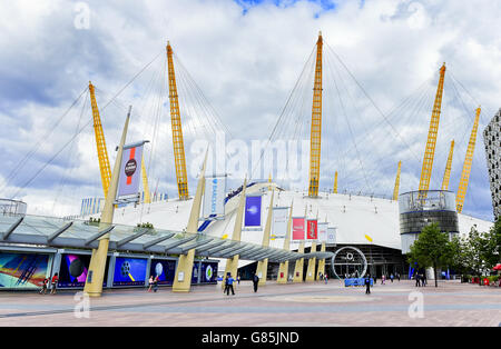 General view of The O2 arena, sometimes referred to as North Greenwich Arena or the Millennium Dome, is a large entertainment complex on the Greenwich Peninsula in London. The O2 Arena has the second-highest seating capacity of any indoor venue in the UK. Stock Photo