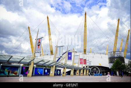 General view of The O2 arena, sometimes referred to as North Greenwich Arena or the Millennium Dome, is a large entertainment complex on the Greenwich Peninsula in London. The O2 Arena has the second-highest seating capacity of any indoor venue in the UK. Stock Photo