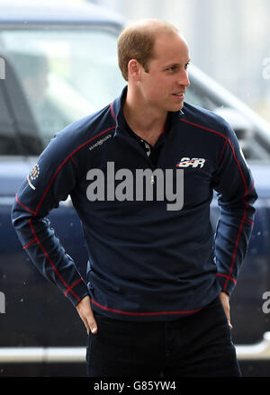 The Duke of Cambridge arrives at the team technical areas at the Royal Navy Historic Dockyard, Portsmouth, during a visit on the second day of the opening leg of the America's Cup World Series being staged in waters off Portsmouth. Stock Photo
