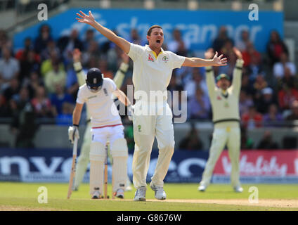 Australia's Josh Hazlewood celebrates the wicket of England's Adam Lyth during day three of the Third Investec Ashes Test at Edgbaston, Birmingham. Stock Photo