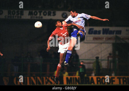 Soccer - European Cup Winners' Cup - Wrexham v Manchester United. Action from Wrexham v Manchester United. Stock Photo