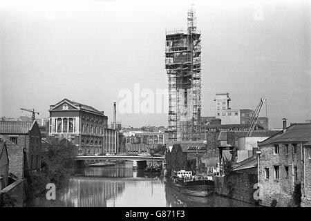 The 140ft Shot Tower under construction in Cheese Lane, Bristol, near the city's floating harbour. It will replace a 200-year-old tower that is being demolished to make way for a road scheme at Redcliffe in Bristol. Lead is cast at the top of the tower, and as it drops through the air it solidifies. It is believed to be the first shot tower built in England for 50 years. Stock Photo