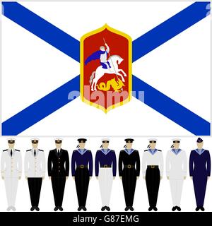 Flag of the Russian Navy, and soldiers and officers in the uniform of the Navy. The illustration on a white background. Stock Photo