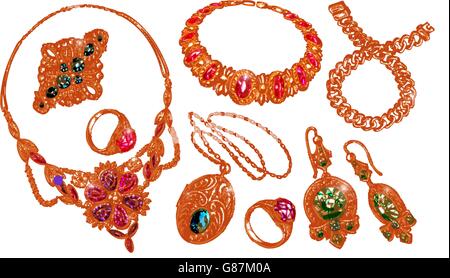 Gems and jewelry. Gold, wedding ring, necklace, choker, bracelet, earrings, chain. Vector illustration Stock Vector