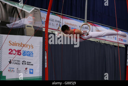 Sport - Sainsbury's 2015 School Games - Day Three - Manchester. England's Harry Caulwell on the Rings in the Gymnastic during the Sainsbury's 2015 School Games in Manchester. Stock Photo