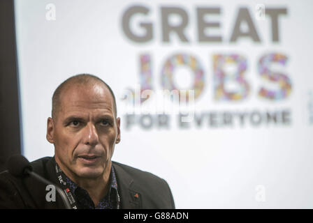 Former Greek Finance Minister Yanis Varoufakis speaks at a press conference on the opening day of the TUC Congress in Brighton. Stock Photo