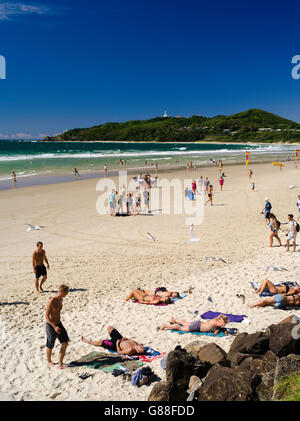 View of people enjoying the morning at Byron Bay Beach, Byron Bay, NSW, Australia Stock Photo