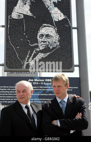 New Manchester City manager Stuart Pearce (R) with chairman John Wardle during the unveiling of a memorial to former manager Joe Mercer. Pearce has today been confirmed as the new manager of Manchester City on a two-year contract. Stock Photo