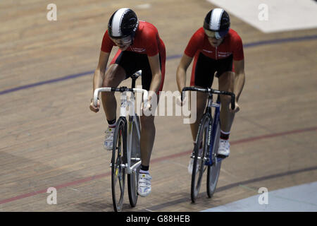 Wales' Jessica Roberts and Emily Tillett in the girls 2 lap team sprint heats during the Sainsbury's 2015 School Games at the National Cycling Centre. Stock Photo