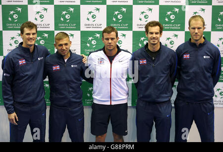 Great Britain's (left-right) Jamie Murray, Dan Evans, captain Leon Smith, Andy Murray and Dom Inglot after the Davis Cup Draw at the Emirates Arena, Glasgow. Stock Photo