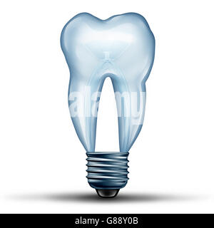Tooth idea as a lightbulb or light bulb shaped as human molar teeth icon shape as an icon for dental health and oral medicine or stomatology doctor symbol as a 3D illustration. Stock Photo
