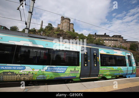 A Borders Railway decorated train sits at Waverley Station in Edinburgh after arriving back from Tweedbank ahead of Borders Railway beginning their services this weekend.