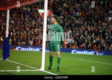 Carlisle United goalkeeper Mark Gillespie celebrates saving a penalty in the penalty shootout during the Capital One Cup, third round match at Anfield, Liverpool. PRESS ASSOCIATION Photo. Picture date: Wednesday September 23, 2015. See PA story SOCCER Liverpool. Photo credit should read: Peter Byrne/PA Wire. Stock Photo