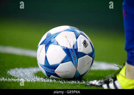 Soccer - UEFA Champions League - Group F - Arsenal v Olympiacos - Emirates Stadium. Detail of an official Adidas UEFA Champions League match ball in the corner quadrant during the game Stock Photo