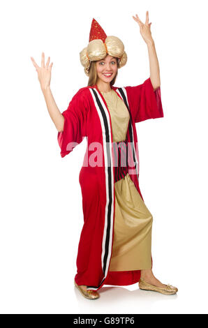 Woman wizard in red clothing isolated on white Stock Photo