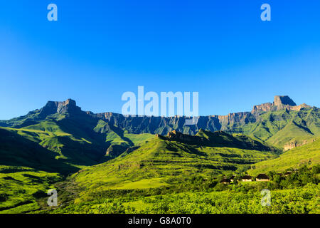 View of amphitheater, Thendele Camp and the river course of the river Tugela, Royal Natal National Park, Drakensberg Stock Photo