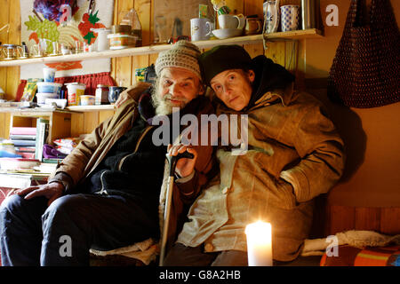 Homeless couple in a forest hut, wood near Carlsbad, Karlovy Vary, Czech Republic, Europe Stock Photo