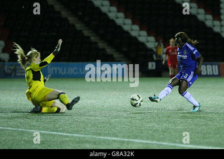 Chelsea's Eniola Aluko scores the third goal during the Women's Super League match at the Select Security Stadium, Widnes. Stock Photo