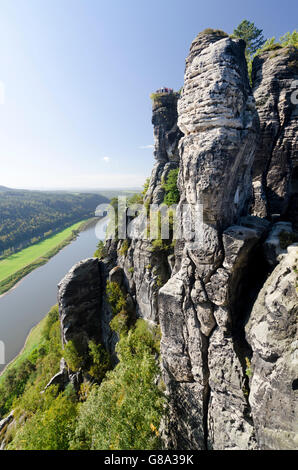 View of the Elbe River as seen from Bastei rock formation, Elbe Sandstone Mountains, Saxon Switzerland district, Saxony Stock Photo