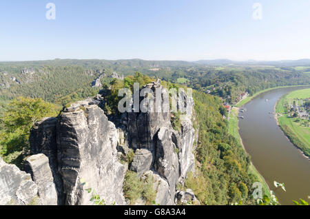 View of the Elbe River as seen from Bastei rock formation, Elbe Sandstone Mountains, Saxon Switzerland district, Saxony Stock Photo
