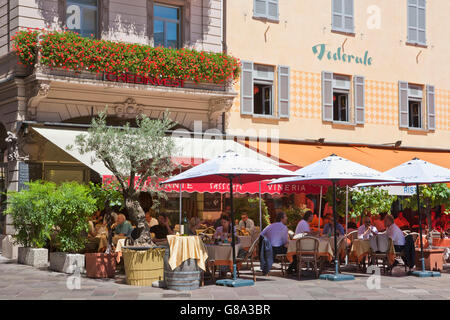 Restaurant and cafe on the Piazza della Riforma in Lugano, Lake Lugano, Lago di Lugano, Ticino, Switzerland, Europe Stock Photo