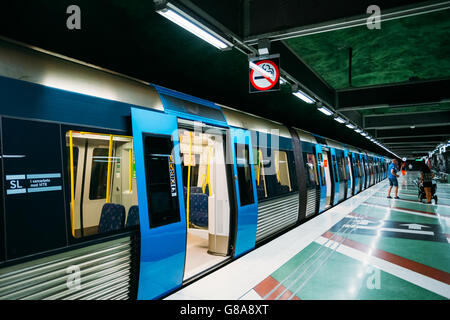 Stockholm, Sweden - July 30, 2014: Modern Stockholm Metro Train Station, Sweden. Underground Stock Photo