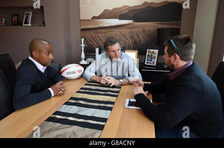 Former Australian Rugby player George Gregan and Former Wales player Jonathan Davies, both HSBC Ambassadors, are interviewed by the Sydney Morning Herald at Jonathan Davies' home. PRESS ASSOCIATION Photo. Picture date: Wednesday September 23, 2015. See PA story RUGBYU Wales. Photo credit should read: Andrew Matthews/PA Wire. Stock Photo