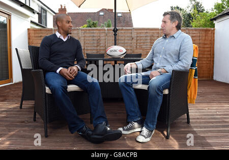 Former Australian Rugby player George Gregan and Former Wales player Jonathan Davies, both HSBC Ambassadors, discuss key match ups ahead of Australia vs. Wales match during a photocall at Jonathan Davies' home. Picture date: Wednesday September 23, 2015. See PA story RUGBYU Wales. Photo credit should read: Andrew Matthews/PA Wire. Stock Photo