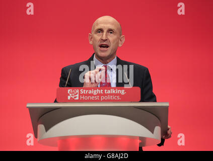 Shadow Housing Minister John Healey speaks during the third day of the Labour Party conference at the Brighton Centre in Brighton, Sussex. Stock Photo