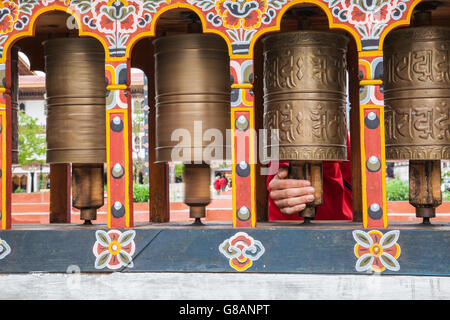 Typical prayer wheels used by Buddhists  to accumulate wisdom and merit and to purify negativities Thimphu Bhutan Asia Stock Photo