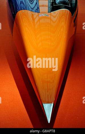 Bloodhound supersonic car. The nose cone of the Bloodhound SSC (supersonic car), on display at Canary Wharf, London. Stock Photo