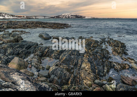 Coastline of Kvaløya island with Sommarøy island, Norway Stock Photo