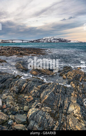 Coastline of Kvaløya island with Sommarøy island, Norway Stock Photo