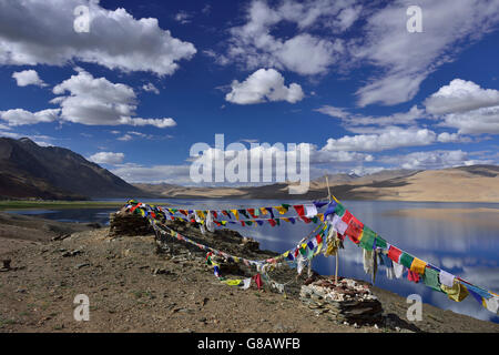 prayer flags, near Korzok, Lake Tsomoriri, Ladakh, Jammu and Kaschmir, India Stock Photo