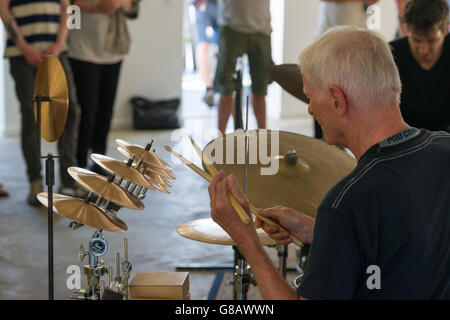 Jazz drum battle, Danish jazz drummers Alex Riel and Stefan Pasborg ...