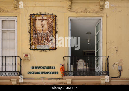 balcony, Plaza de San Ignacio,Malaga, Costa del Sol, Andalusia, Spain Stock Photo