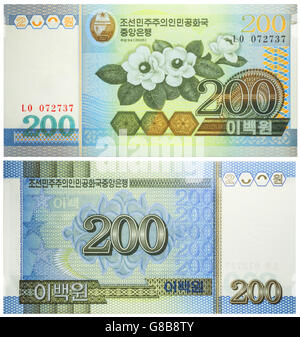 Banknote 200 Won North Korea front and back isolated on white emitted on 2005. Stock Photo