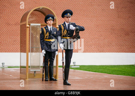 Moscow, Russia - May 24, 2015: Post honor guard at the Eternal Flame in Moscow at the Tomb of the Unknown Soldier - Post number Stock Photo