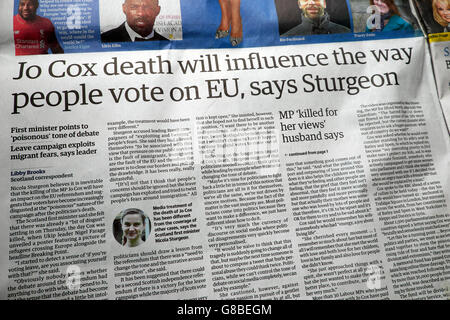 'Jo Cox death will influence the way people vote on EU' referendum article in the Guardian newspaper 22nd June 2016 London UK Stock Photo