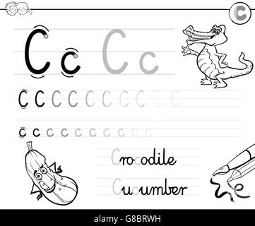 Black and White Cartoon Illustration of Writing Skills Practise with Letter C Worksheet for Children Coloring Book Stock Vector