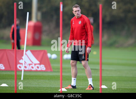 Soccer - UEFA Champions League - Group B - CSKA Moscow v Manchester United - Manchester United Training Session - Carrington .... Manchester United's Phil Jones during a training session at Carrington Training Ground, Manchester. Stock Photo