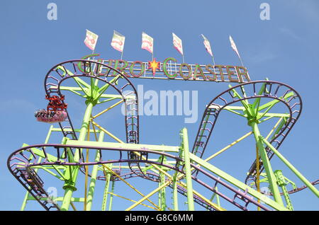 roller, coaster, park, theme, ride, fun, background, down, fear, high, loop, overhead, ferris, rail, people, inclines, family Stock Photo