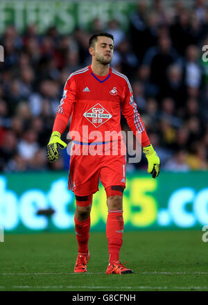 Swansea City goalkeeper Lukasz Fabianski appears dejected during the Barclays Premier League match at the Liberty Stadium, Swansea. Stock Photo