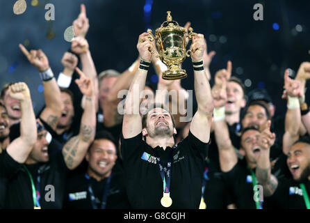 New Zealand captain Richie McCaw lifts the Webb Ellis Cup after the Rugby World Cup Final at Twickenham, London. Stock Photo