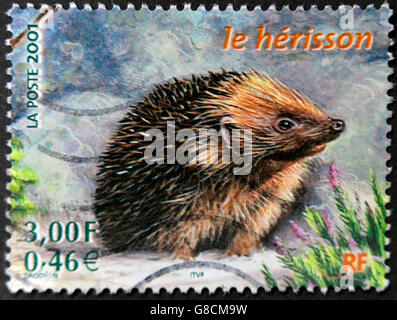 FRANCE - CIRCA 2001: A stamp printed in France shows a hedgehog, circa 2001 Stock Photo